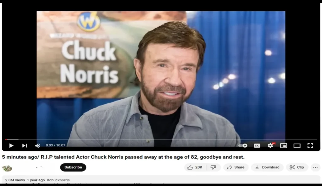 Chuck Norris Pass Away video rumors on YouTube